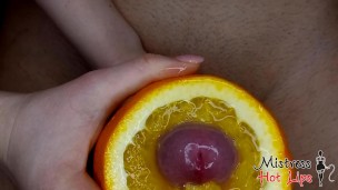Close up yummy foodjob and ruined orgasm from Mistress Hot Lips. Dessert with cum and orange juice.