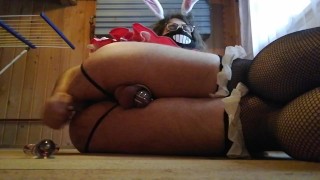 Cosplay Bunny Trap in Chasity plays with Glass Dildo