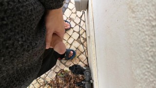 Guy filming himself wanking outside from eye view perspective