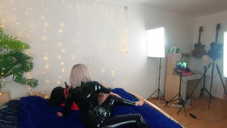 Backstage of pretty lesbian fetish girls doing sex video. Positive Femdom, sex play, latex leather
