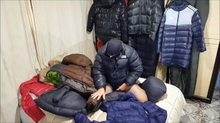 Handjob and cumshot with my down jacket