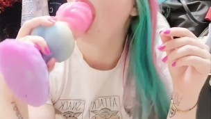 Cute alt girl sucks off rainbow monster cock and rides it
