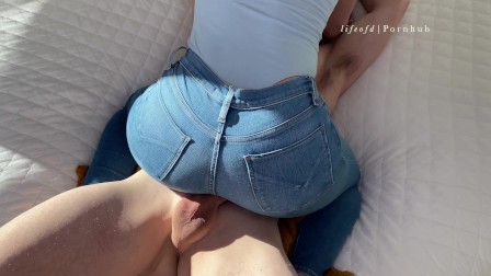 Playing with hard cock and cumming on my tight jeans