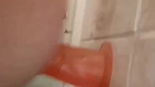 Femboy ride dildo in public toilet.