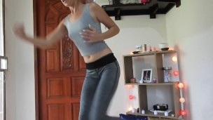 SWEATY Hot Body Girl Workout And Riding Dildo Till Orgasm