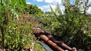 ebony Beauty Sun Bathing in Public & Showering Outdoors in Paradise