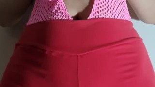 Playing with my puffy pussy mound and my tits in my tight leggings