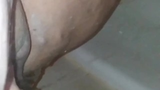 Chubby girl pee all over herself