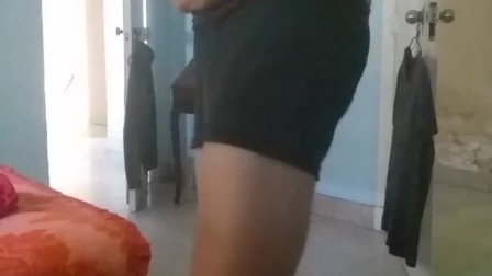 skinny guy doing naked poses and flashing his thick cock