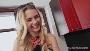 18 Virgin Sex - Blondie gets a doggy fuck in the kitchen