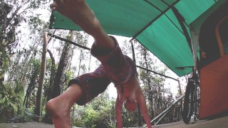 Yoga by my tent in the rain from harry potter pants and a christmas tee to panties and titties