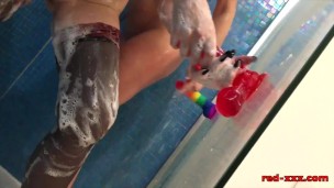 Red and Lucy fuck their toys in the shower