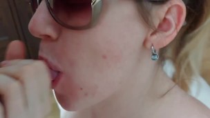 MILF with a hairy red pussy came for a load of cum in her mouth and glasses