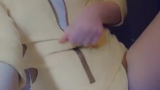 Sexy Pikachu cosplayer gets horny and teases herself in a bathroom