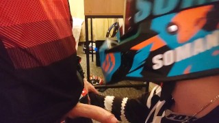 Motocross guy jerks off after sex to his partner