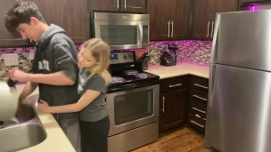 Petite blonde gets rewarded with fat load for doing dishes