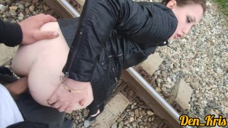 sweet blowjob hot and sex in anal with a beautiful girl while walking on the railway