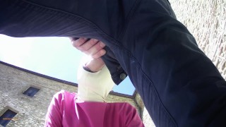 Laura on Heels amateur 2021 on pink outfit in outdoor blowjob and masked oral creampie