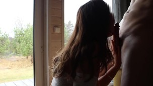 Doggy, blowjob and loud moans at the window next to the neighbor's house. Risky sex