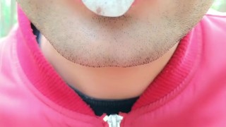 Foamy cum play on lips after being mouth fucked outdoor