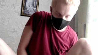 Twink rides dildo while parents behind the door