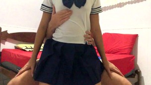 cute girl wearing japanese schoolgirl outfit gets dry humped from behind, cum in pants assjob