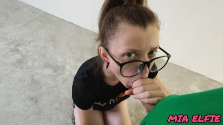 A beautiful girl in glasses, in a short skirt loves to suck and have sex