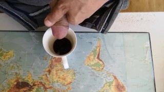 Hot guy jerking off to put some milk in his coffee