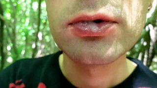 Close up playing with cum on lips - Blowing cum bubbles and swallowing all that cum