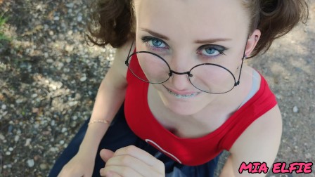 cute schoolgirl on a walk on the road gives a beautiful lovely blowjob