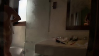 PERFECT BODY BRUNETTE SHOWS HER AMAZING ASS FOR YOU IN A MORNING SHOWER - AMATEUR SASSY AND RUPHUS