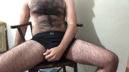Very hairy sexy solo male cumshot big sperm on chair