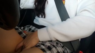 College girl gets horny in the car and fist herself in the backseat