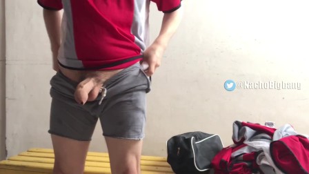 Soccer player fucks silicone pussy in club locker room