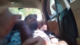 Day time public, risky car masterbation, cock stroke session with people walking by