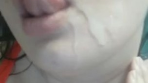 Licking fresh cum from my face - He cum all over my face and i gonna eat it all now from my pretty