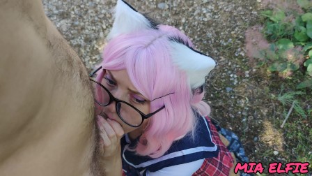 cute sexy schoolgirl in a skirt on a walk wanted to give a blowjob and get cum on face and glasses