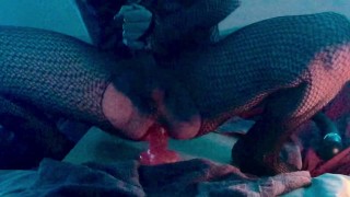 Boi wear's body stocking and rides dildo until cums
