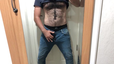 Very hairy guy cock coming out of jeans