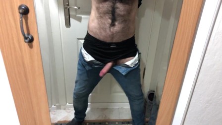 Very hairy guy cock coming out of jeans