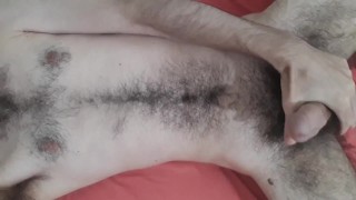 Laid back otter masturbating, shooting cum on hairy belly and chest
