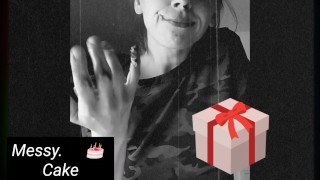Messy eating birthday cake