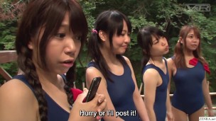 Japanese schoolgirls in swimsuits CFNM handjob harem