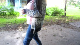 Sexy peeing jeans on public place