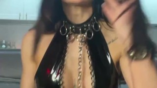 Hot girl in a BDSM costume plays with a big dildo! - Katty Candy