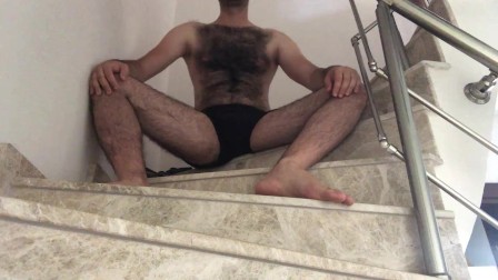 Sexy hot hairy bear male I cum big sperm on my feet on the stairs