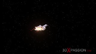 Earth orbit. Sci-fi sex android plays with a hot young blonde
