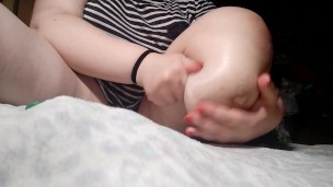 Amputee girl massages stump and fingering pussy
