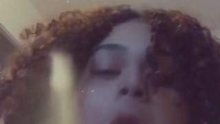 Latina sucks on her big dildo when no ones around 