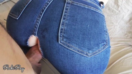 Nympho Roommate Fucked in Ripped Jeans Denim and Finishing With Huge Cumshot